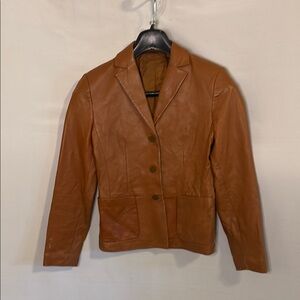 Vintage Women's Tan Leather Jacket Fitted 3 Button Size 4